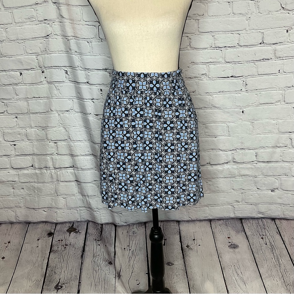 LOFT Outlet Blue and White Geometric Print Linen Blend Pull On Skirt XS